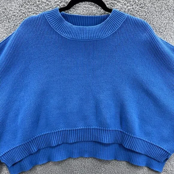 Free People Oversized Sweater Women’s Medium Blue Relaxed Ribbed Knit Cropped - Picture 4 of 11